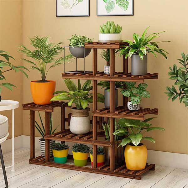 Wooden 7-Tier Tiered Plant Stand with Wheels